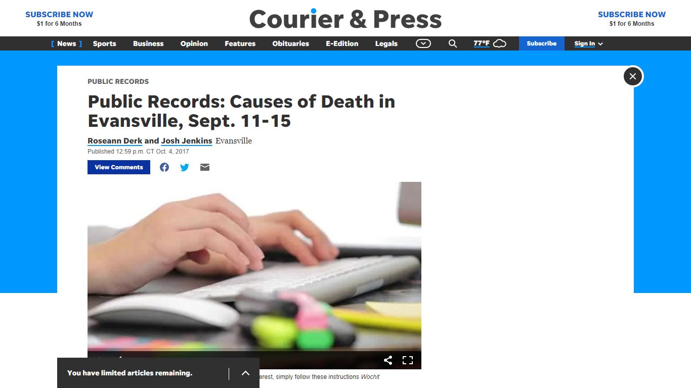 Death records from the Vanderburgh ... - Courier & Press